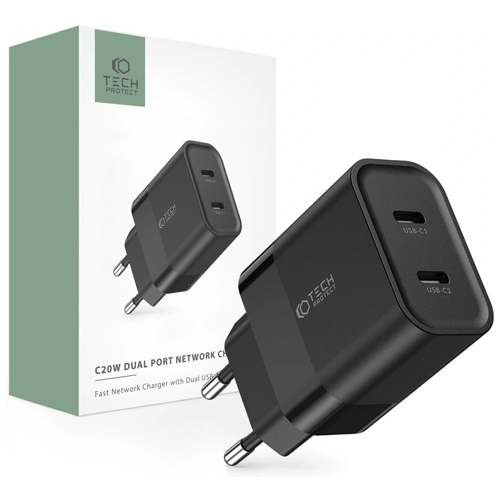 Hurtownia GSM - Netzteil Tech-Protect C20W Netzwerk-Ladegerät 2xUSB-C, PD, 20W Schwarz - THP2460 - {ean13} - Hurt