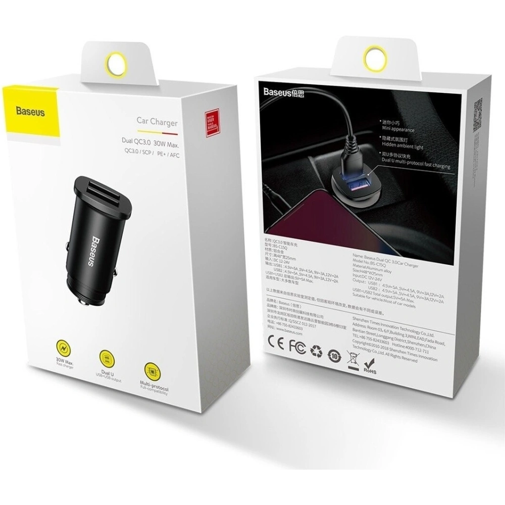 Hurtownia GSM - Ładowarka samochodowa Baseus Square 2xUSB QC3.0 5A 30W (czarna) - BSU541BLK - {ean13} - Hurt