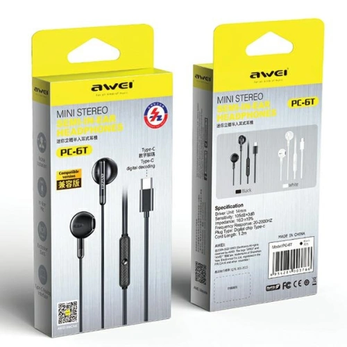 Słuchawki przewodowe douszne AWEI PC-6T USB-C, 1.2m czarny/black
