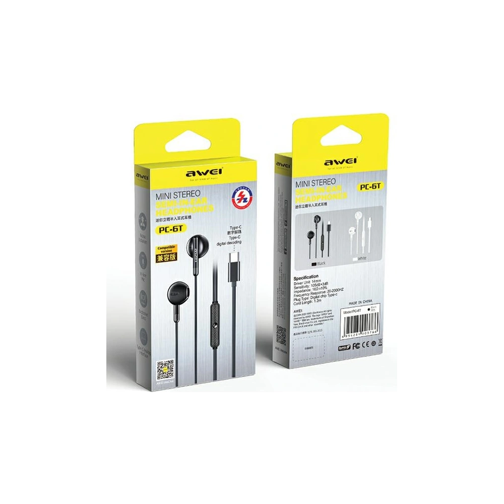 Hurtownia GSM - Sluchátka s drátem do uší AWEI PC-6T USB-C, 1.2m černá/black - AWEI172 - {ean13} - Hurt