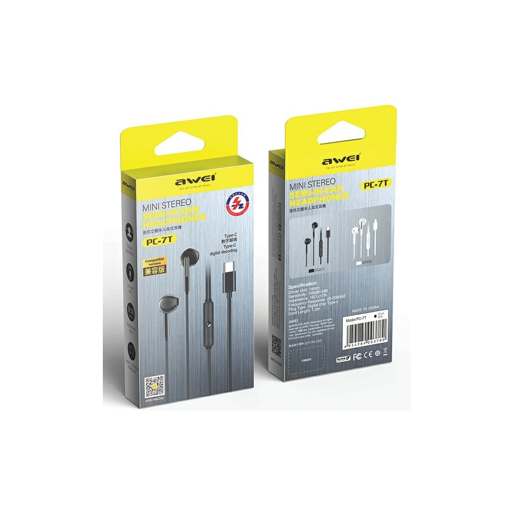 Hurtownia GSM - Kabelgebundene In-Ear-Kopfhörer AWEI PC-7T USB-C 1.2m schwarz/black - AWEI173 - {ean13} - Hurt
