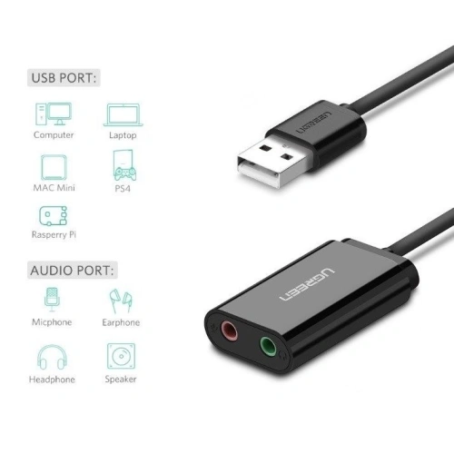 Zewnętrzna karta dźwiękowa USB UGREEN 15cm (czarny)