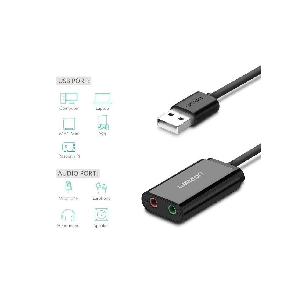 Hurtownia GSM - Zewnętrzna karta dźwiękowa USB UGREEN 15cm (czarny) - UGR084BLK - {ean13} - Hurt