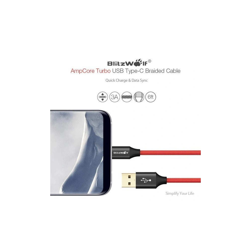 Hurtownia GSM - Cablu USB Tip C BlitzWolf Ampcore BW-TC6 1,8m, roșu - BLZ086RED - {ean13} - Hurt