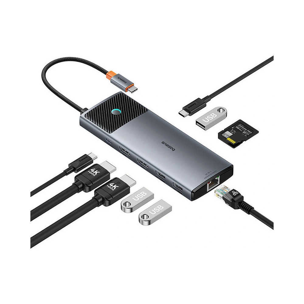 Wholesale Baseus hub 10-in-1 USB-C / 2xHDMI, 3xUSB-A, USB-C, RJ45, SD/TF, PD (grey) - BSU4795 - {ean13} - Hurt