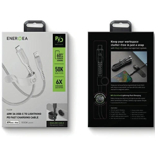 Kabel ENERGEA Flow C94 USB-C / Lightning MFI, 60W, 3A, PD, Fast Charge, 1.5m biały/white