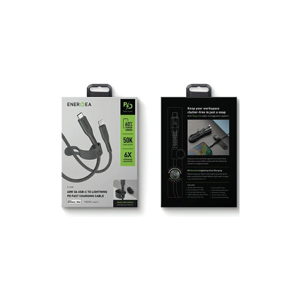 Hurtownia GSM - Kábel ENERGEA Flow C94 USB-C / Lightning MFI, 60W, 3A, PD, Gyors töltés, 1.5m fekete/black - ENG119 - {ean13} - Hurt
