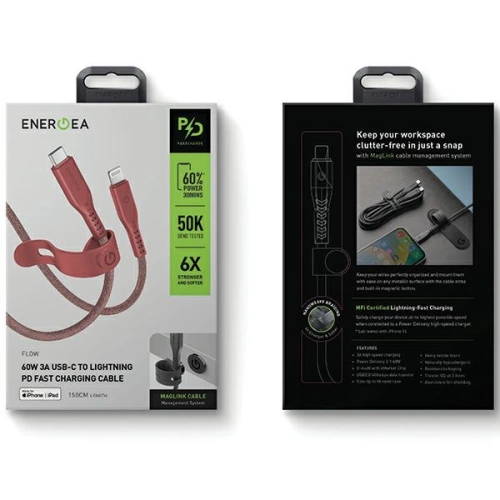 Kabel ENERGEA Flow C94 USB-C / Lightning MFI, 60W, 3A, PD, Fast Charge, 1.5m czerwony/red