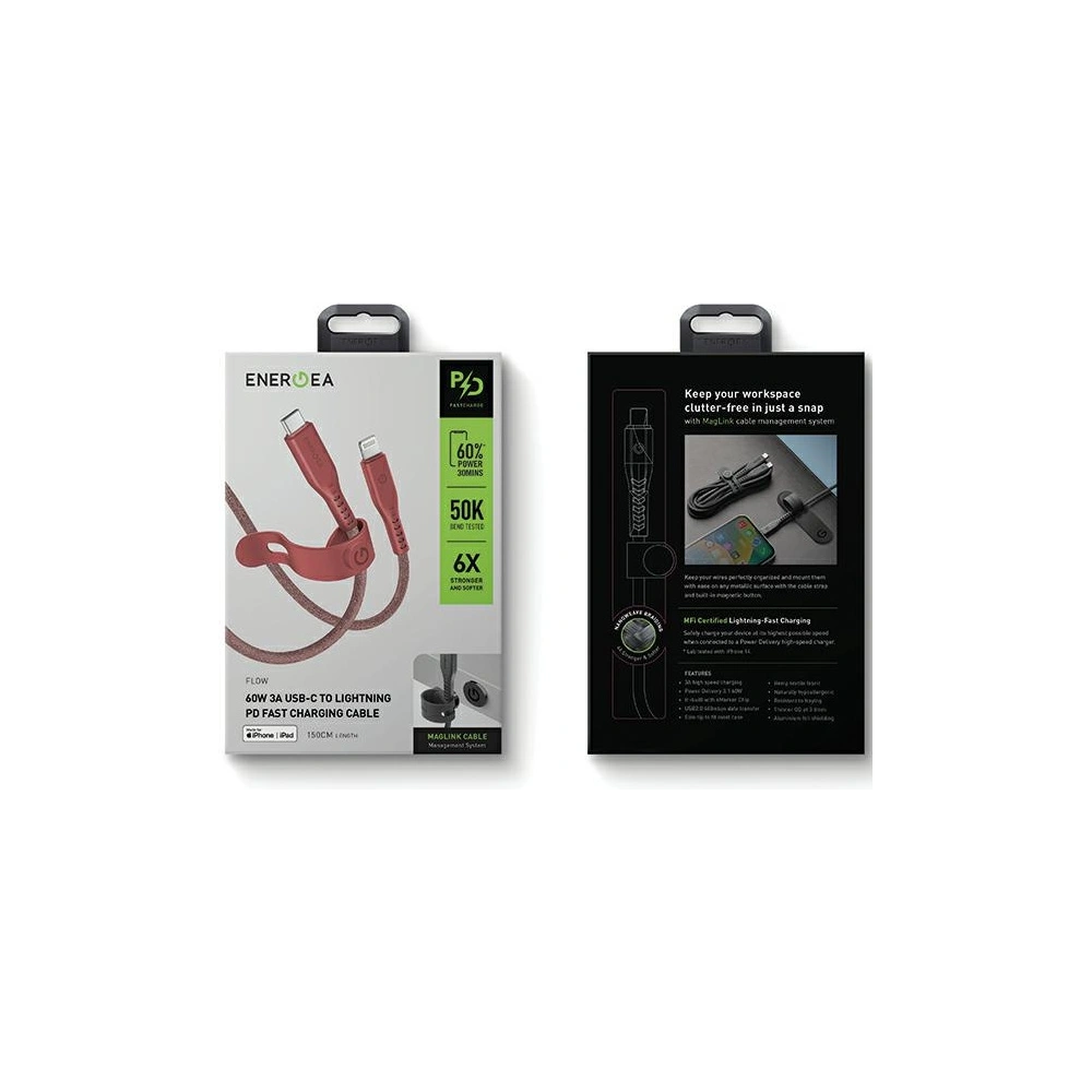 Hurtownia GSM - Kábel ENERGEA Flow C94 USB-C / Lightning MFI, 60W, 3A, PD, Gyors töltés, 1.5m piros/red - ENG120 - {ean13} - Hurt