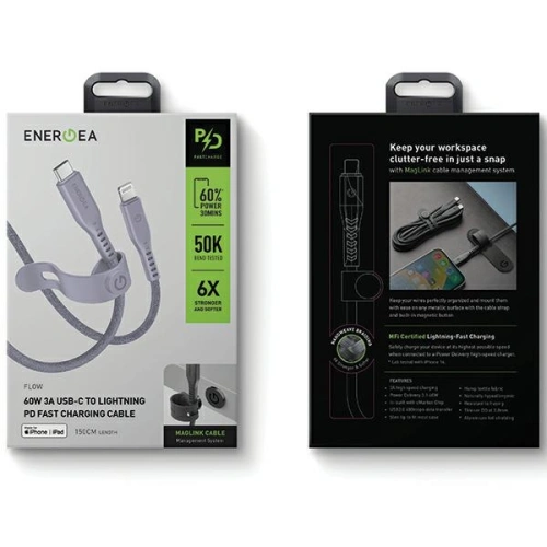 Kabel ENERGEA Flow C94 USB-C / Lightning MFI, 60W, 3A, PD, Fast Charge, 1.5m fioletowy/purple