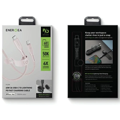 Kabel ENERGEA Flow C94 USB-C / Lightning MFI, 60W, 3A, PD, Fast Charge, 1.5m różowy/pink