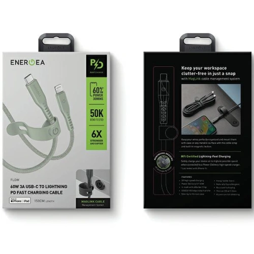 Kabel ENERGEA Flow C94 USB-C / Lightning MFI, 60W, 3A, PD, Fast Charge, 1.5m zielony/green