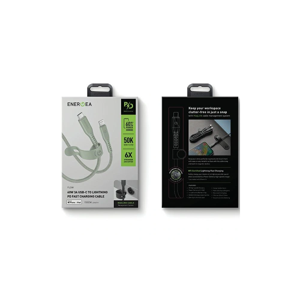 Hurtownia GSM - Kábel ENERGEA Flow C94 USB-C / Lightning MFI, 60W, 3A, PD, Gyors töltés, 1.5m zöld/green - ENG124 - {ean13} - Hurt