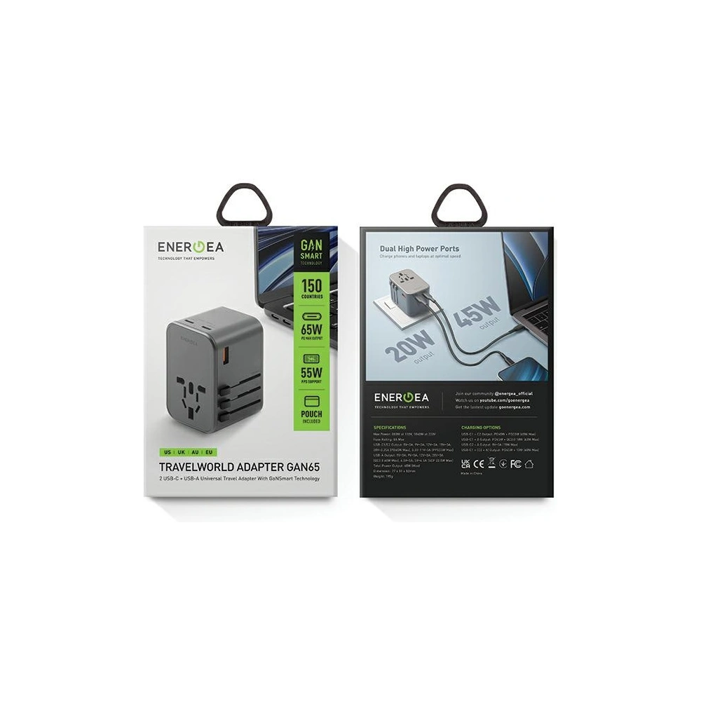 Hurtownia GSM - Ladegerät ENERGEA Travel World Adapter GaN65 4w1 US/UA/EU/UK USB-A, 2xUSB-C, PD65W, PPS55W, QC3.0 grau/gunmetal - ENG133 - {ean13} - Hurt