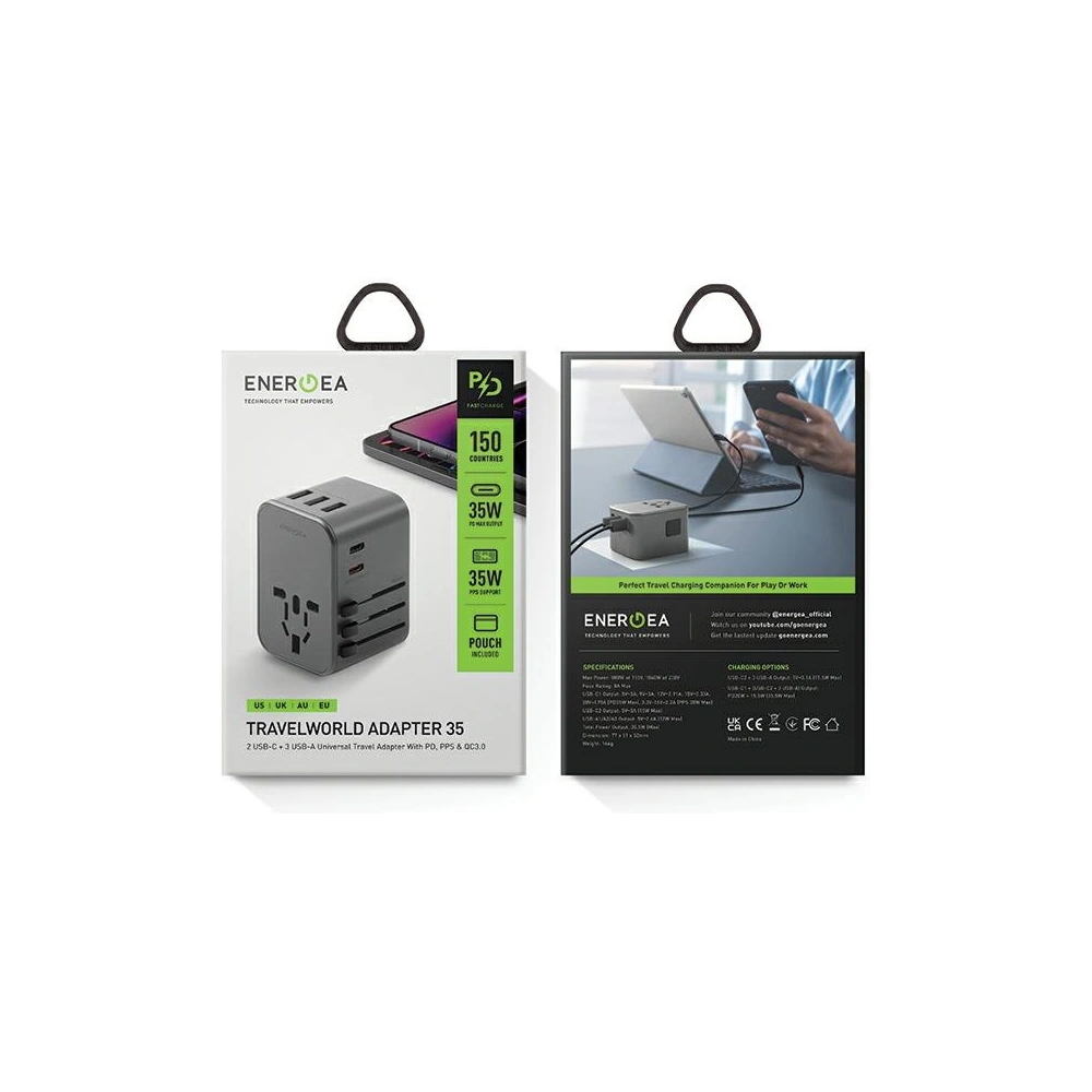 Hurtownia GSM - Reiseladegerät ENERGEA Travel World Adapter 4w1 US/UA/EU/UK 3xUSB-A, 2xUSB-C, PD35W, PPS35W, QC3.0 grau/gunmetal - ENG134 - {ean13} - Hurt