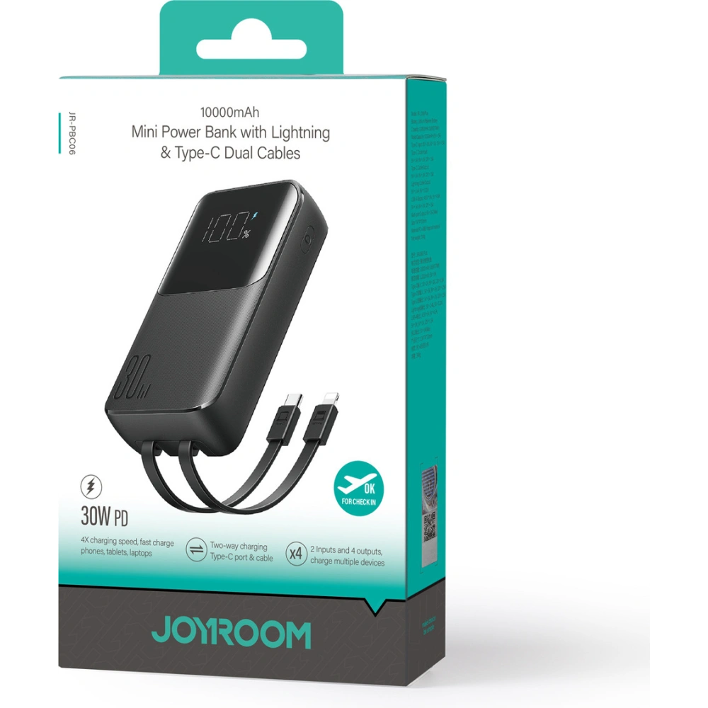 Hurtownia GSM - Powerbank Joyroom JR-PBC06 10000mAh 30W + integrierte USB-C und Lightning Kabel schwarz - JYR878 - {ean13} - Hurt