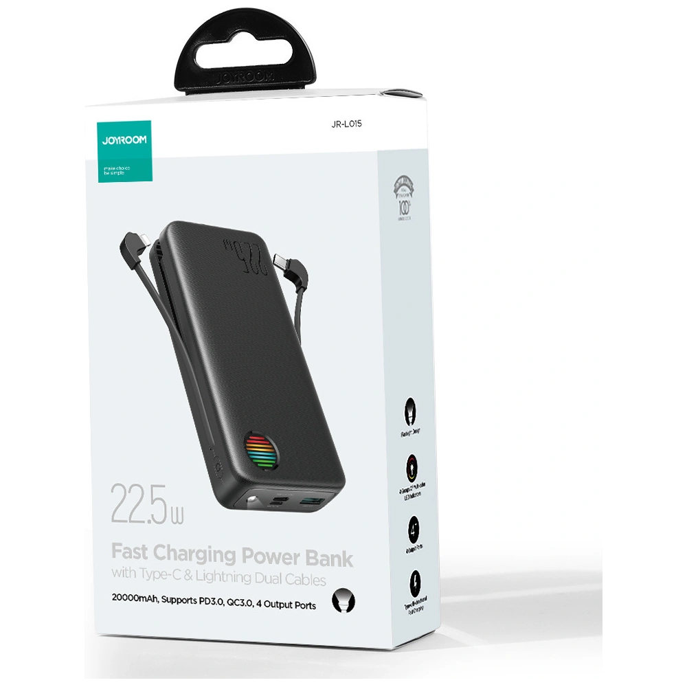 Hurtownia GSM - Powerbank Joyroom JR-L015 20000mAh 22.5W + vestavěné kabely USB-C, Lightning černý - JYR928 - {ean13} - Hurt