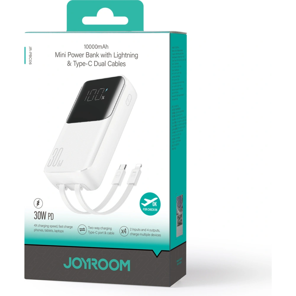 Hurtownia GSM - Powerbank Joyroom JR-PBC06 10000mAh 30W + beépített USB-C és Lightning kábelek fehér - JYR929 - {ean13} - Hurt