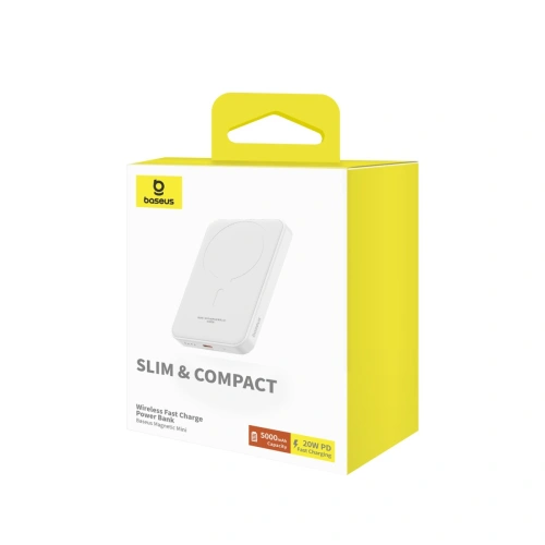 Powerbank Baseus 5000mAh 20W z funkcją ładowania indukcyjnego + kabel USB-C (20V/3A) biały