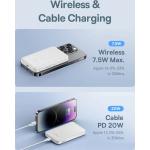 Powerbank Baseus 5000mAh 20W induktív töltési funkcióval + USB-C kábel (20V/3A) fehér