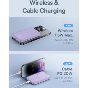 Powerbank Baseus 5000mAh 20W indukciós töltési funkcióval + USB-C kábel (20V/3A) lila