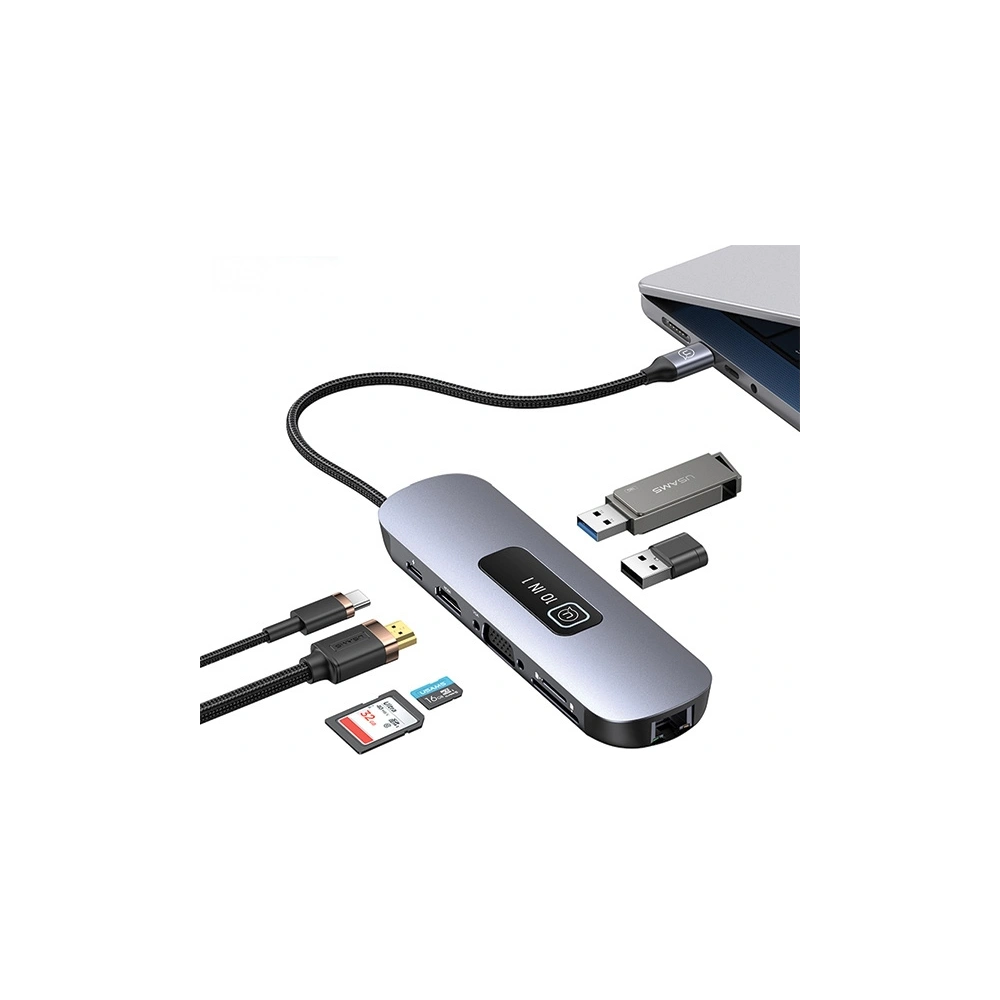 Hurtownia GSM - Adapter USAMS US-SJ644 HUB 10w1 USB-C / 3xUSB-A 3.0, TF, SD, USB-C, HDMI, RJ45, VGA PD100W grau/ tarnish - USA1010 - {ean13} - Hurt