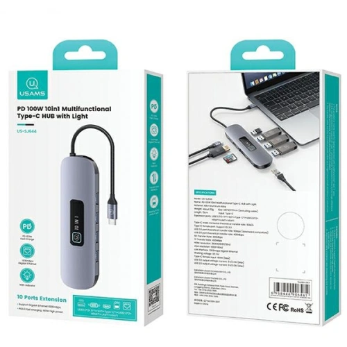 Adapter USAMS US-SJ644 HUB 10w1 USB-C / 3xUSB-A 3.0,TF,SD,USB-C,HDMI,RJ45,VGA PD100W szary/tarnish