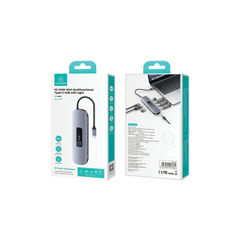 Hurtownia GSM - Adapter USAMS US-SJ644 HUB 10w1 USB-C / 3xUSB-A 3.0, TF, SD, USB-C, HDMI, RJ45, VGA PD100W grau/ tarnish - USA1010 - {ean13} - Hurt