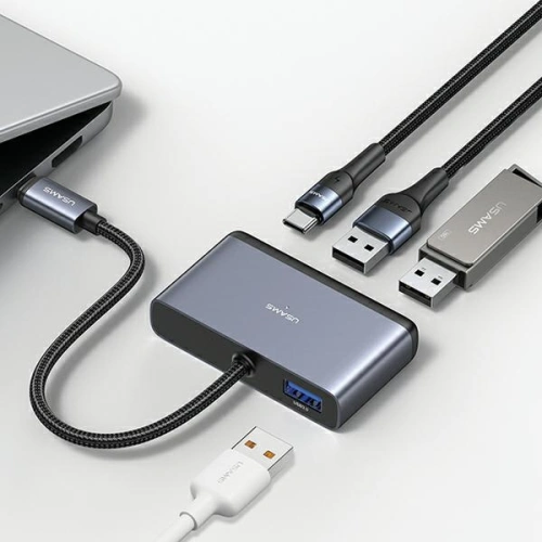 Adapter USAMS US-SJ627 HUB 4w1 USB-C / 2xUSB-A 2.0,USB-A 3.0,USB-C szary/dark grey