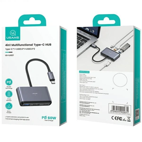 Adapter USAMS US-SJ627 HUB 4w1 USB-C / 2xUSB-A 2.0,USB-A 3.0,USB-C szary/dark grey