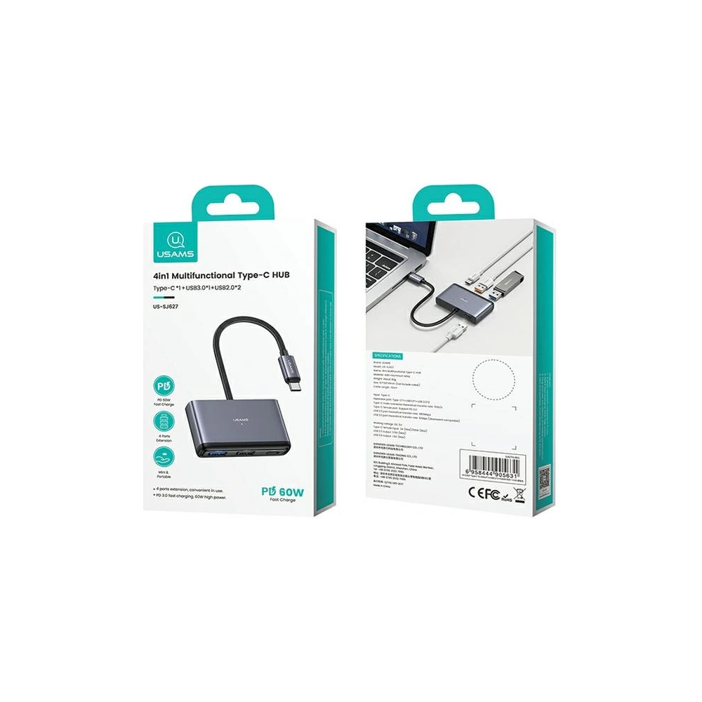 Wholesale USAMS US-SJ627 HUB 4w1 USB-C / 2xUSB-A 2.0,USB-A 3.0,USB-C dark grey - USA1011 - {ean13} - Hurt