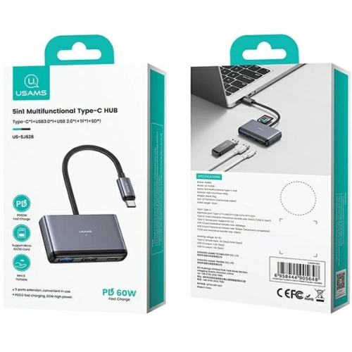 Adapter USAMS US-SJ628 HUB 5w1 USB-C / USB-A 2.0,USB 3.0,USB-C,TF,SD szary/dark grey
