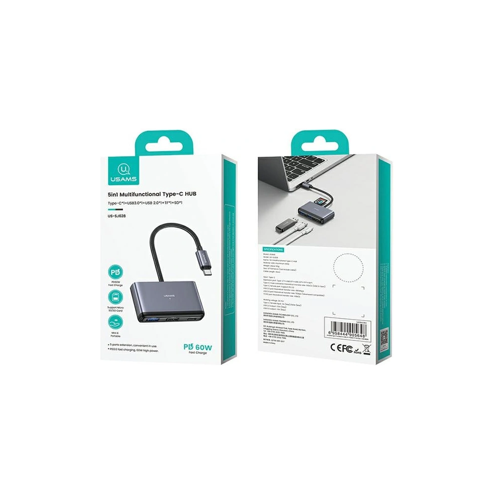 Hurtownia GSM - USAMS US-SJ628 HUB 5w1 USB-C / USB-A 2.0, USB 3.0, USB-C, TF, SD szürke/sötétszürke - USA1012 - {ean13} - Hurt