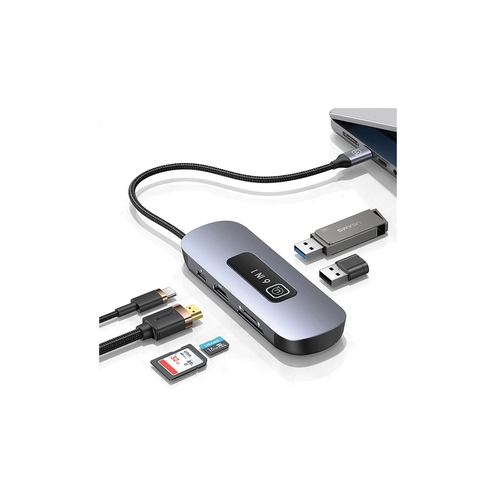 Hurtownia GSM - Adapter USAMS US-SJ642 HUB 6w1 USB-C / 2xUSB-A 3.0, TF, SD, USB-C, HDMI PD100W grau/oxidiert - USA1013 - {ean13} - Hurt