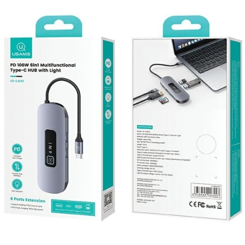 Adapter USAMS US-SJ642 HUB 6w1 USB-C / 2xUSB-A 3.0,TF,SD,USB-C,HDMI PD100W szary/tarnish