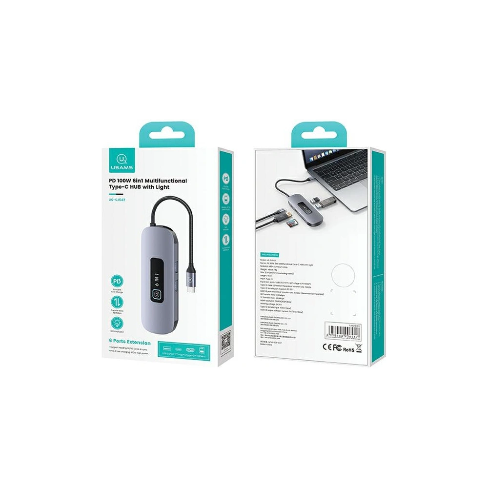Hurtownia GSM - Adapter USAMS US-SJ642 HUB 6w1 USB-C / 2xUSB-A 3.0, TF, SD, USB-C, HDMI PD100W grau/oxidiert - USA1013 - {ean13} - Hurt