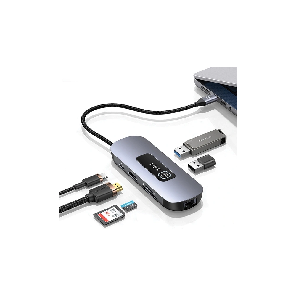 Hurtownia GSM - Adapter USAMS US-SJ643 HUB 8in1 USB-C / 3xUSB-A 3.0, TF, SD, USB-C, HDMI, RJ45 PD100W grau/ tarnished - USA1014 - {ean13} - Hurt