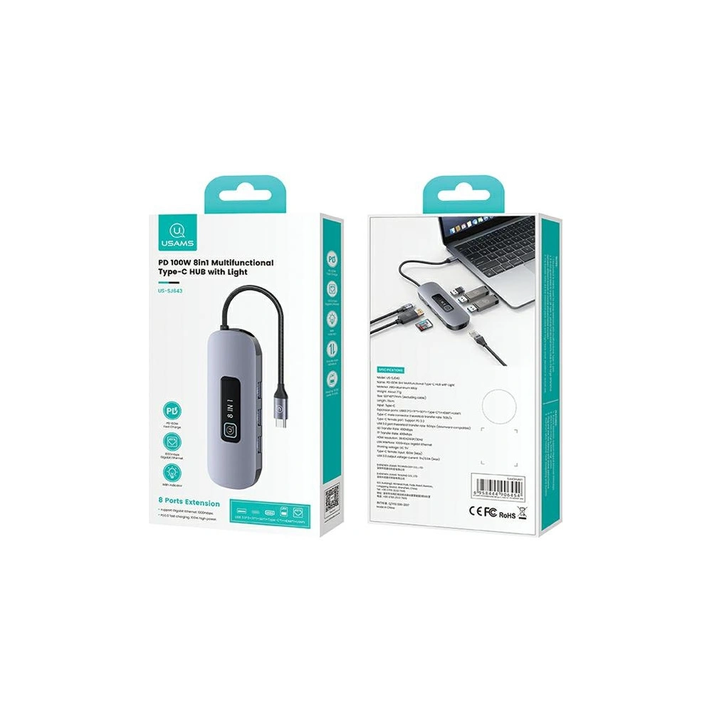 Hurtownia GSM - Adapter USAMS US-SJ643 HUB 8w1 USB-C / 3xUSB-A 3.0, TF, SD, USB-C, HDMI, RJ45 PD100W gri/întunecat - USA1014 - {ean13} - Hurt
