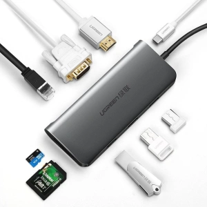 Adapter hub 9w1 UGREEN USB-C do HDMI 4K, 3x USB 3.0, Typ-C PD, RJ45, SD, Micro SD, VGA