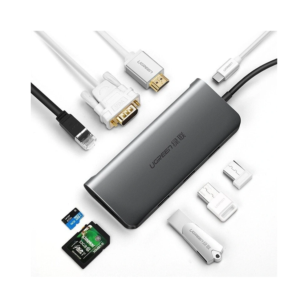 Hurtownia GSM - Adapter hub 9w1 UGREEN USB-C do HDMI 4K, 3x USB 3.0, Typ-C PD, RJ45, SD, Micro SD, VGA - UGR130 - {ean13} - Hurt