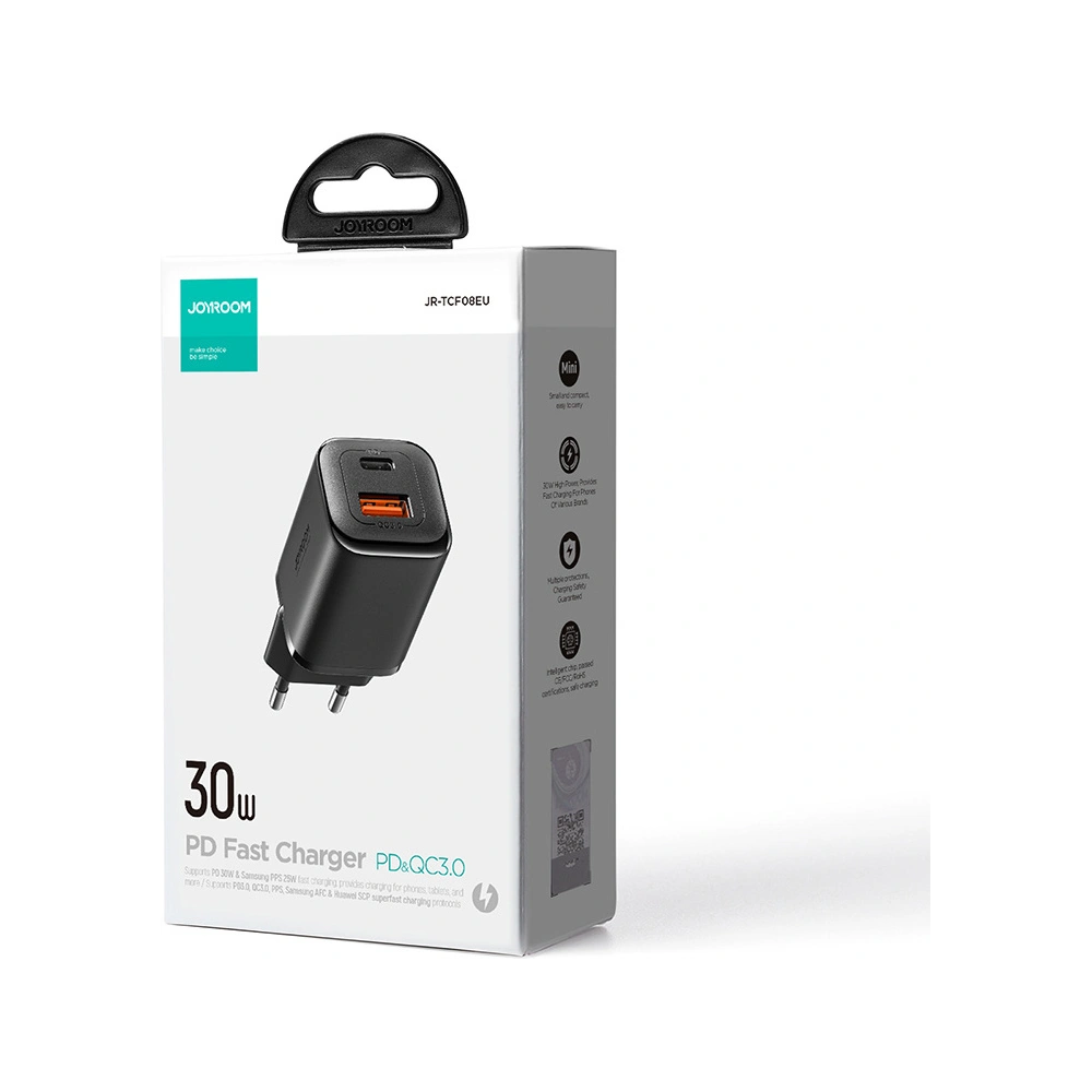 Hurtownia GSM - Hálózati töltő Joyroom Speed Series JR-TCF08EU USB-A, USB-C 30W PD QC AFC FCP fekete - JYR935 - {ean13} - Hurt