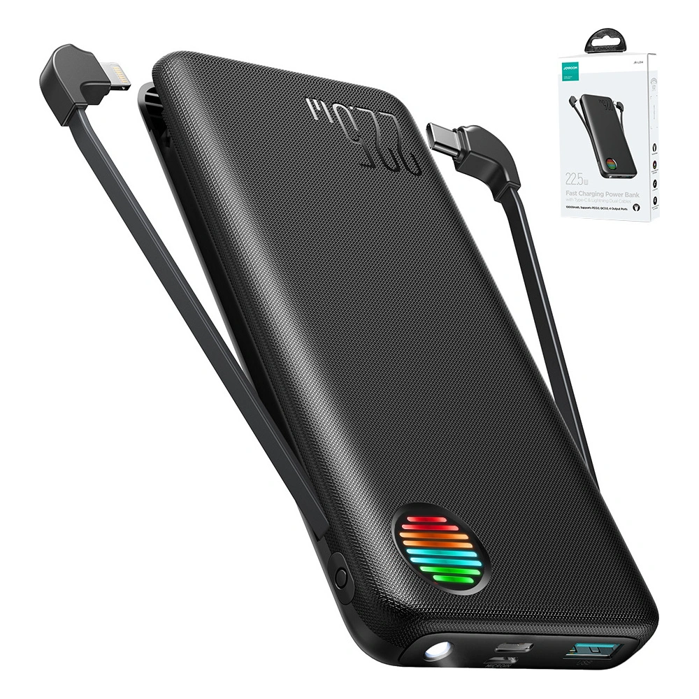 Hurtownia GSM - Powerbank Joyroom JR-L014 10000mAh 22.5W + beépített USB-C, Lightning kábelek + USB-A / USB-C 25cm fekete kábel - JYR939 - {ean13} - Hurt