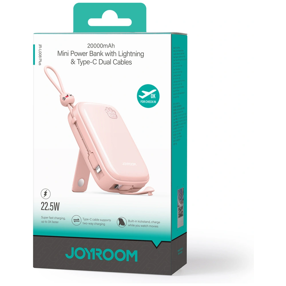 Hurtownia GSM - Powerbank Joyroom Cutie Series JR-L008 Plus 20000mAh 22.5W + beépített USB-C, Lightning kábelek + USB-A / USB-C 25cm rózsaszín - JYR940 - {ean13} - Hurt