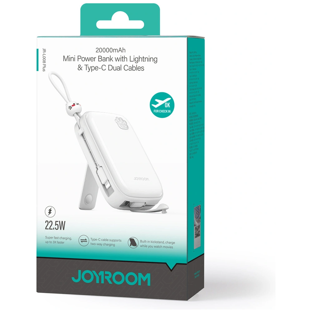 Hurtownia GSM - Powerbank Joyroom Cutie Series JR-L008 Plus 20000mAh 22.5W + beépített USB-C, Lightning kábelek + USB-A / USB-C 25cm fehér kábel - JYR941 - {ean13} - Hurt
