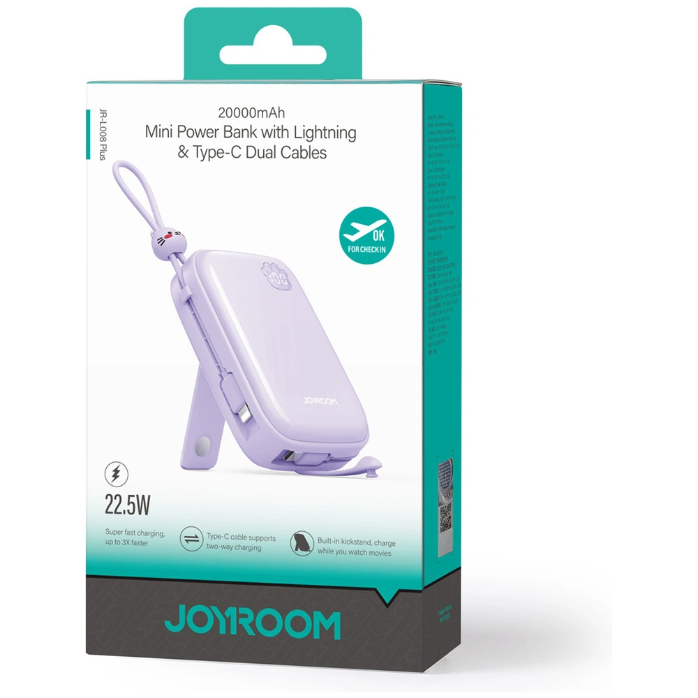 Hurtownia GSM - Powerbank Joyroom Cutie Series JR-L008 Plus 20000mAh 22.5W + integrierte USB-C, Lightning-Kabel + USB-A / USB-C Kabel 25cm lila - JYR942 - {ean13} - Hurt