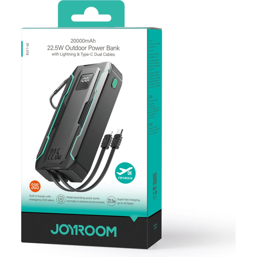 Hurtownia GSM - Powerbank Joyroom JR-L018 20000mAh 22.5W + integrierte USB-C, Lightning-Kabel schwarz - JYR945 - {ean13} - Hurt