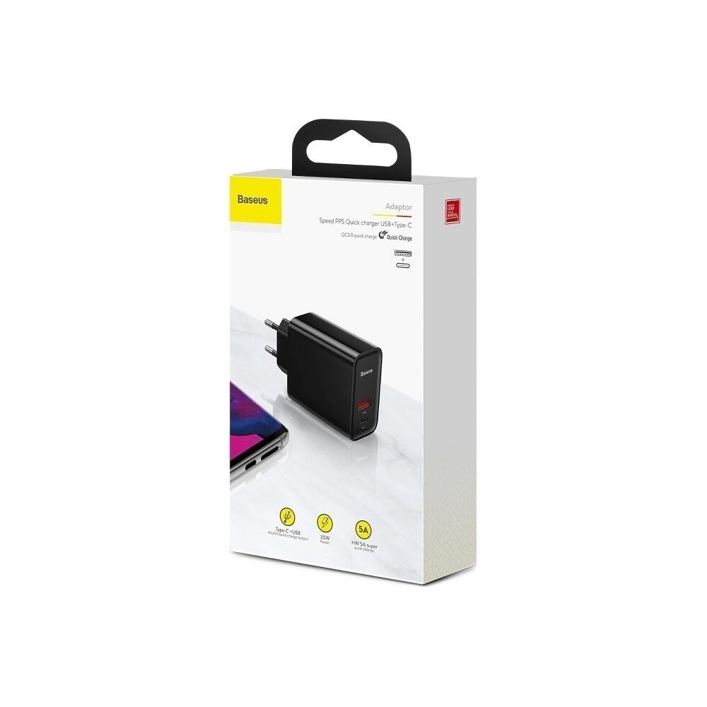 Hurtownia GSM - Szybka ładowarka sieciowa Baseus PD + QC 3.0 30W (czarna) - BSU609BLK - {ean13} - Hurt