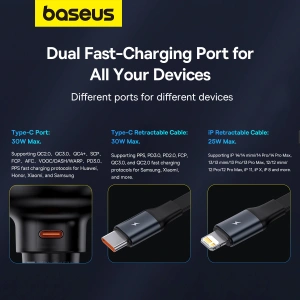 Hurtownia GSM - Auto-Ladegerät Baseus Enjoyment Pro USB-C + integriertes Lightning-Kabel 60W schwarz - BSU4817 - {ean13} - Hurt