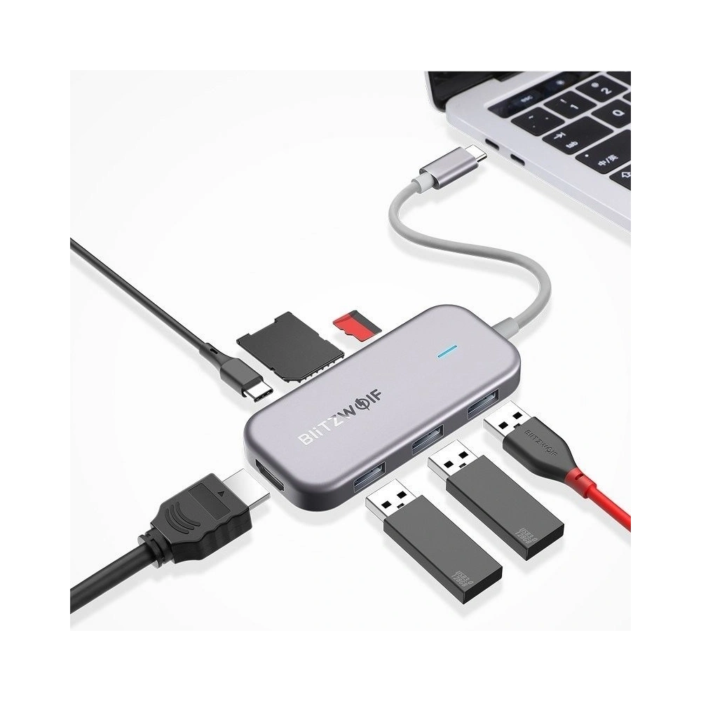 Hurtownia GSM - Adapter 7w1 Blitzwolf BW-TH5 Hub USB-C do 3xUSB 3.0, HDMI, USB-C PD, SD, microSD - BLZ155 - {ean13} - Hurt