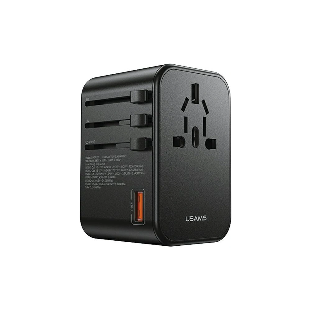 Hurtownia GSM - Cestovní adaptér USAMS T62 Univerzální nabíječka US/AU/EU/UK 1xUSB, 2xUSB-C 65W černý/black - USA1021 - {ean13} - Hurt